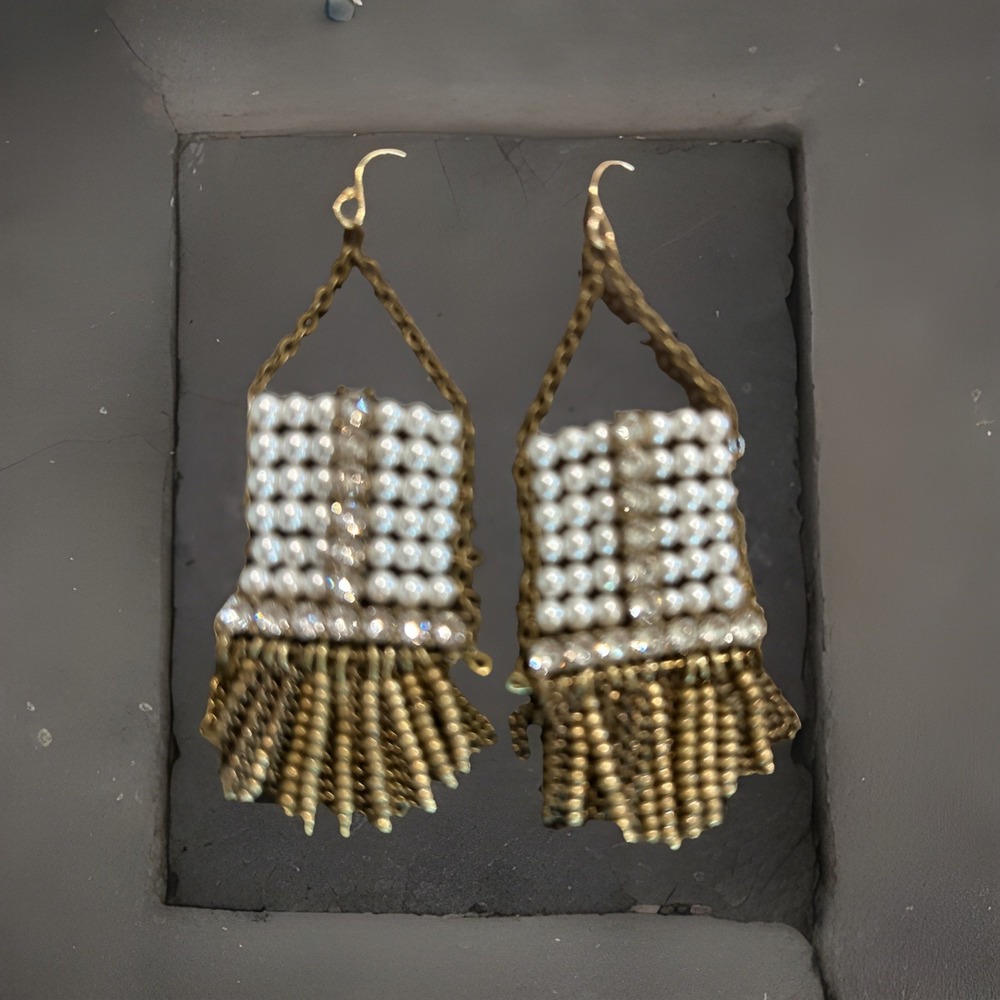 Artisan Bead Pearl & Crystal Rhinestone Earrings Fringe Brass‎ Chain Handcrafted